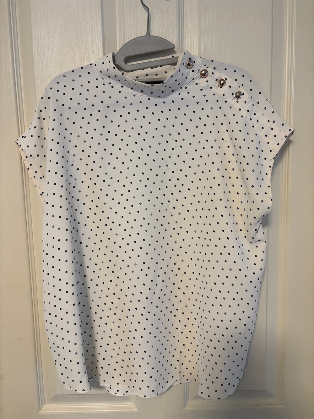 Ann Taylor White Top with Black Polka Dots and Shoulder Buttons